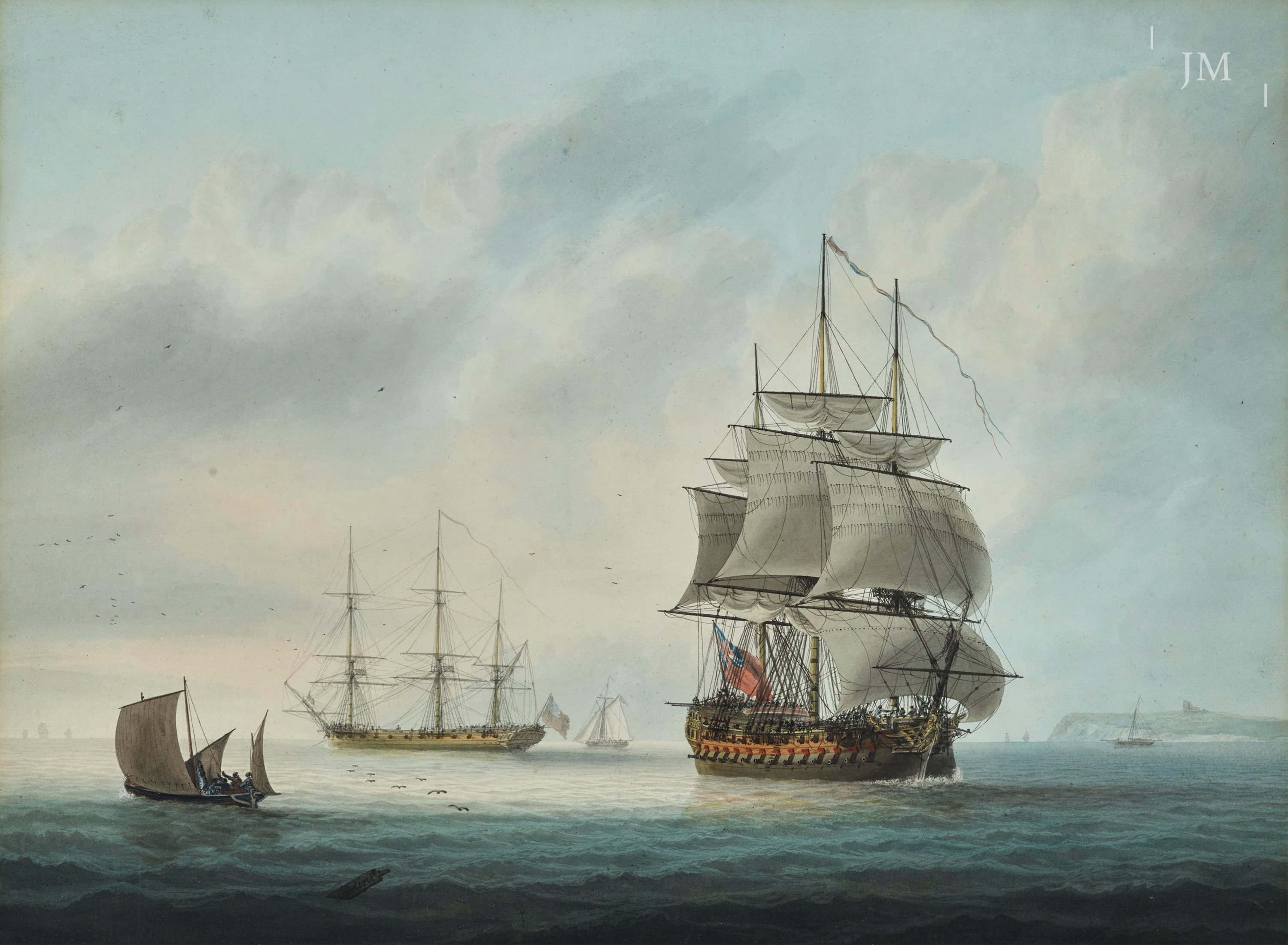 A Royal Navy 74-gun Ship arriving in the Downs, with a Frigate at Anchor beyond